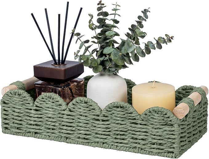 CubesLand Toilet Paper Storage Basket Organizer, Small Wicker Decor Basket | Toilet Tank Top Decorative Basket for Countertop, Handwoven Scalloped Basket W/Handle for Home Decor Living Room, Green