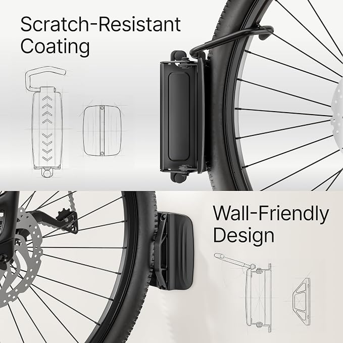 Bike Wall Mount for Garage, Holds 77lbs,Swivel Indoor Bike Storage, 1 Pack | Adjustable 65° angle for space-saving storage. Fits most bikes with tires under 3.15"H/3.5"W. Ideal for garage & entryway.
