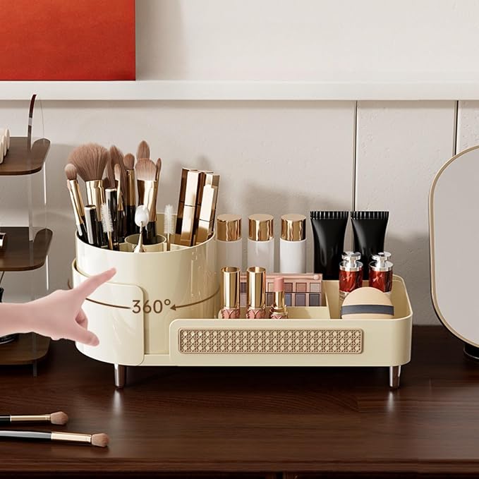 Booklov Rotating Makeup Organizer for Vanity Countertop, Coffee | Plastic Cosmetic Display Case, Large Beauty Brush Holder for Bathroom Counter, Skin Care Perfumes Storage