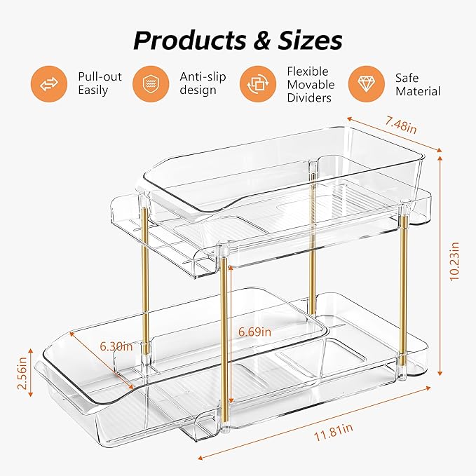LAREKUN2pack 2-Tier Organizer & Storage Unit Stackable Bathroom Cabinet Organizer Pull-Out Kitchen Pantry Organizer & Storage System Suitable for Countertops, Pantries, Kitchens, Bathrooms