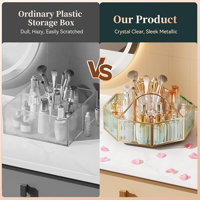 CoralHouse Rotating Glass Makeup Organizer for Vanity with Brush Holder | 5 clear compartments organize lipstick, perfume, palettes and skincare on a vanity, bathroom countertop or beauty station