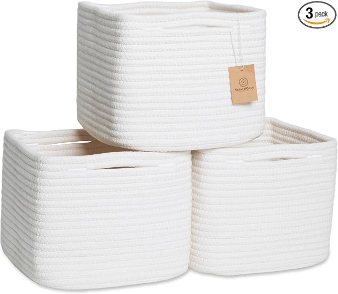 NaturalCozy Storage Cubes 9”x9”x7”Cotton Rope Woven Baskets for Organizing 3-Pack | 9 Inch Cube Storage Bin | Small Basket for Shelf Nursery, Pantry, Decorative Plant, Bathroom Closet, Toy Gift