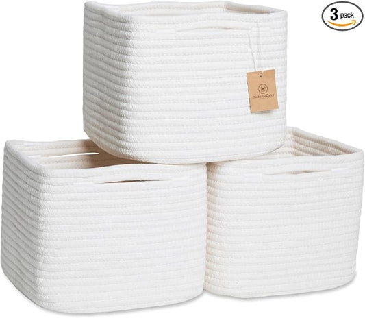 NaturalCozy Storage Cubes 9”x9”x7”Cotton Rope Woven Baskets for Organizing 3-Pack | 9 Inch Cube Storage Bin | Small Basket for Shelf Nursery, Pantry, Decorative Plant, Bathroom Closet, Toy Gift