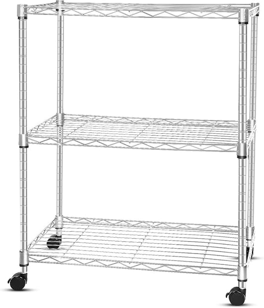Whitmor 3 Tier Storage Shelving, Heavy Duty with Wheels, Adjustable Steel Organizer, 400 lbs Capacity per Shelf, Max 1200 lbs Total for Garage, Kitchen, Bathroom, 20" L x 14" W x 24" H, Chrome