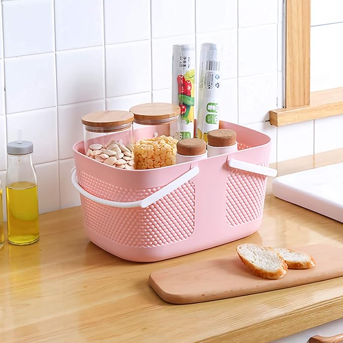 rejomiik Portable Plastic Shower Caddy Basket Organizer with Handles, Pink | Large Capacity Storage Tote for Bathroom, College Dorm Essentials, Bath Toy Storage, Kitchen
