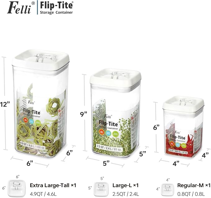 Felli Flip Tite Acrylic Food Storage Container with Lid 6” XL Air Tight Ring Seal Flip Lock, Plastic Kitchen Baking Canister for 5 lb Flour Sugar Rice Protein Powder Pantry Organizer (Nest-L)