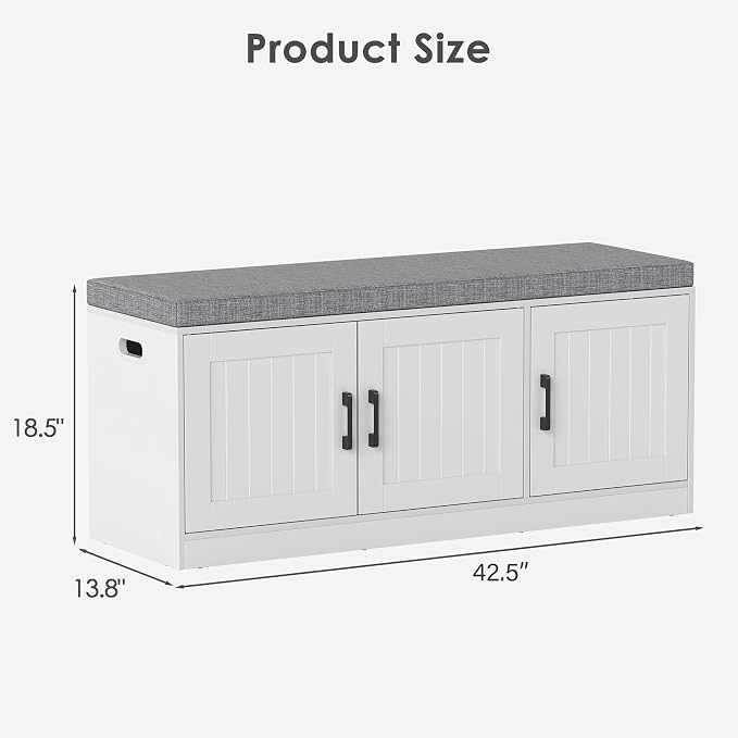 3-Tier Shoe Storage Bench with Adjustable Shelf, Large Capacity Entryway Shoe Bench with Thickened Padded Seat Cushion and 3 Doors for Entry, Bedroom, Hallway (White,42.5 * 14in)