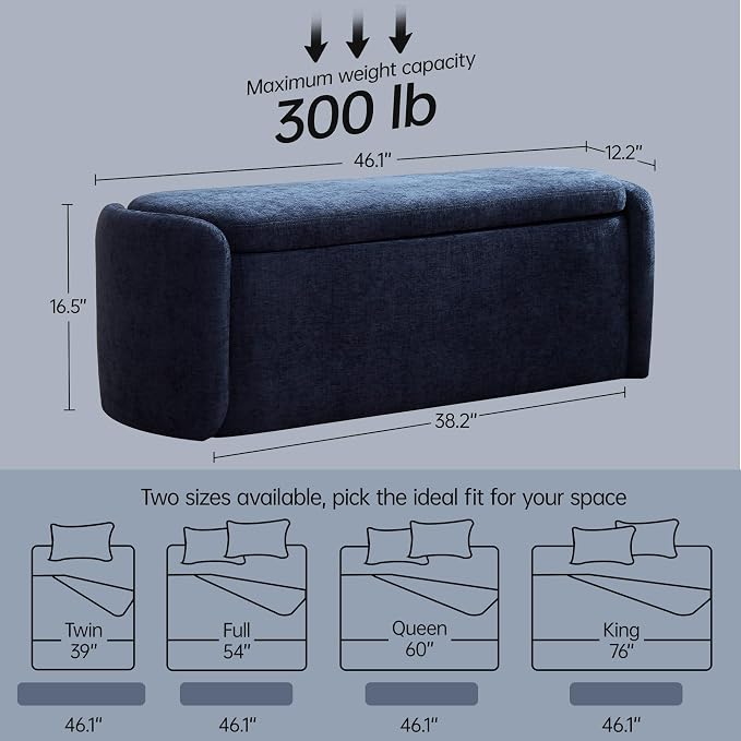 VKNOW Storage Bench, Upholstered Storage Ottoman Bench with Hinge, Navy | Ottoman Bench with Large Capacity, Curved Frame, Soft Fabric, Storage Bench for Bedroom, Living Room, Entryway, Window