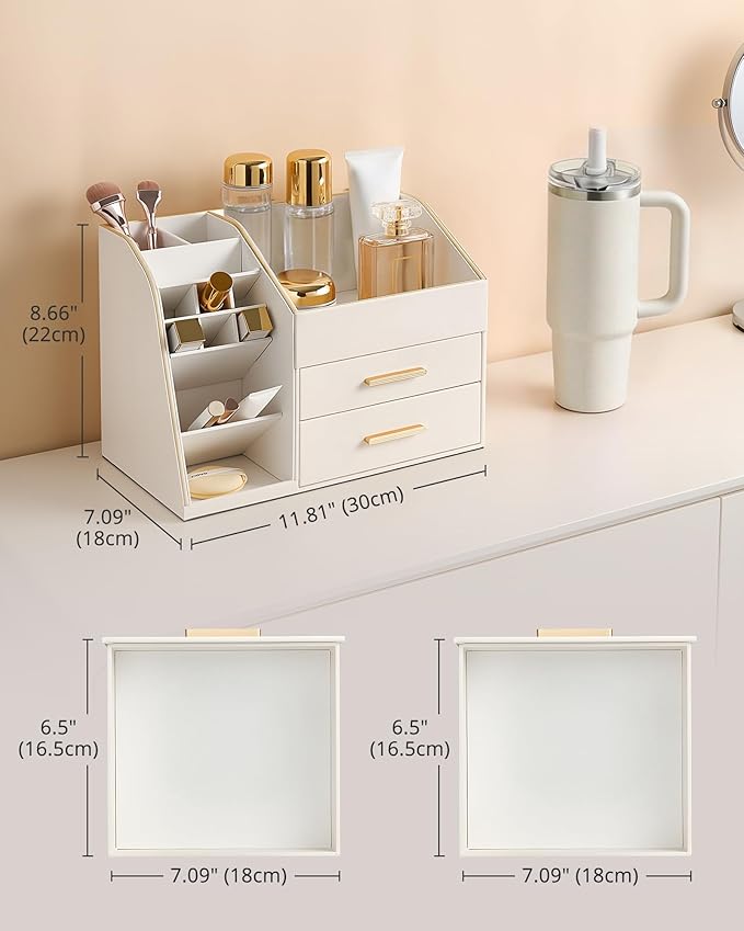 Lolalet Makeup Organizer Countertop with Drawers, Easy to Clean PU Leather Storage Box, 3-Layer Cosmetic Holder for Skincare, Lipstick, Perfume & Brush, Display Case for Vanity Dresser Bathroom -Cream