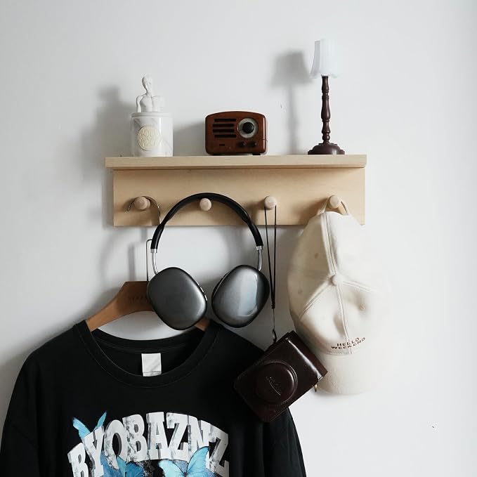 Entrance Coat Rack ，Coat Hooks, Wall-Mounted Wooden Hook Rack, Wall-Mounted Shelves(Birch Color Finish—A-1)
