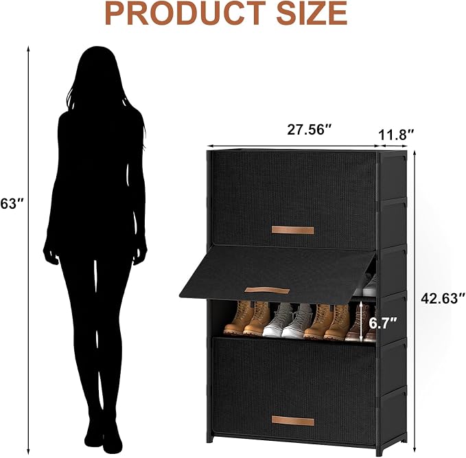 7 Tier Shoe Cabinet with Door, 28-Pair Storage, Black | Tall design saves floor space. Door blocks dust & pets. Holds heels to boots. Quick assembly with connectors.