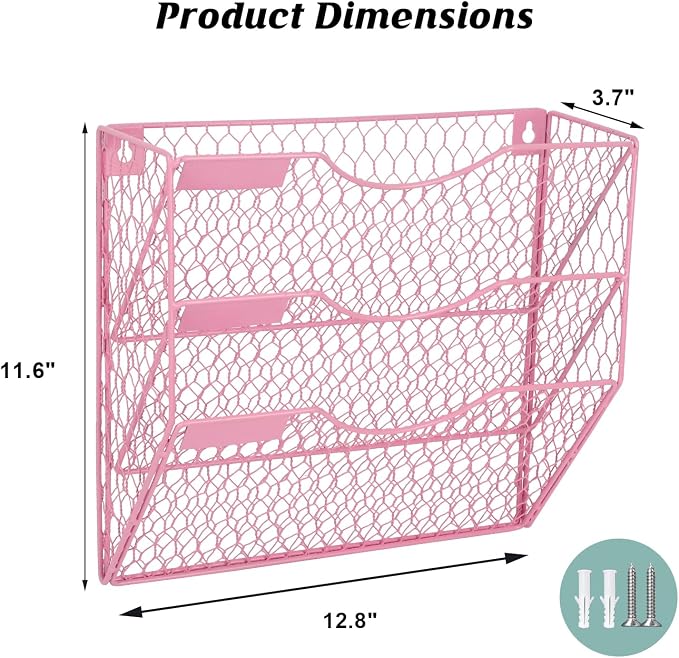 EASEPRES Mail Organizer Wall Mount Hanging File Holder Storage, Metal Chicken Wire Magazine Rack 3 Tier, Pink