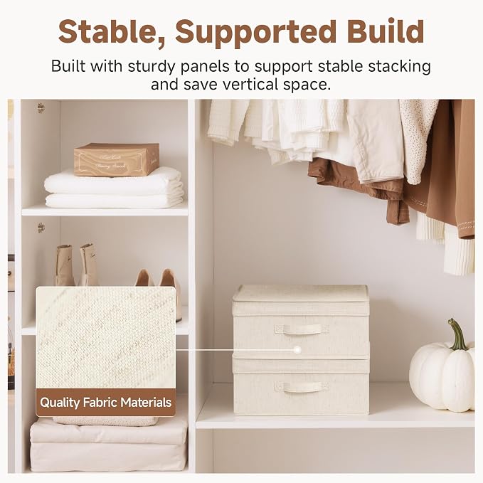StorageWorks Storage Bins with Lid, Decorative Fabric Storage Bins with Handles, Stackable Closet Organizers for Shelves and Bedroom, Small, Beige(Natural Fabric), 2-Pack