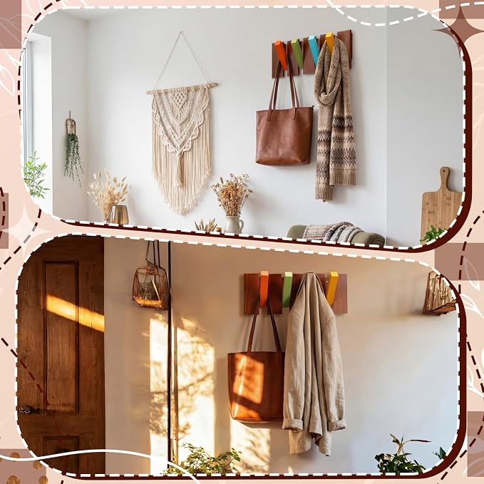 Youyole 4 Hook Wood Coat Rack Wall Mount Mid Century Modern Wooden Coat Hooks Colorful Heavy Duty Flip Down Piano Hat Rack for Hanging Coats Keys Hats Robe Towels Home