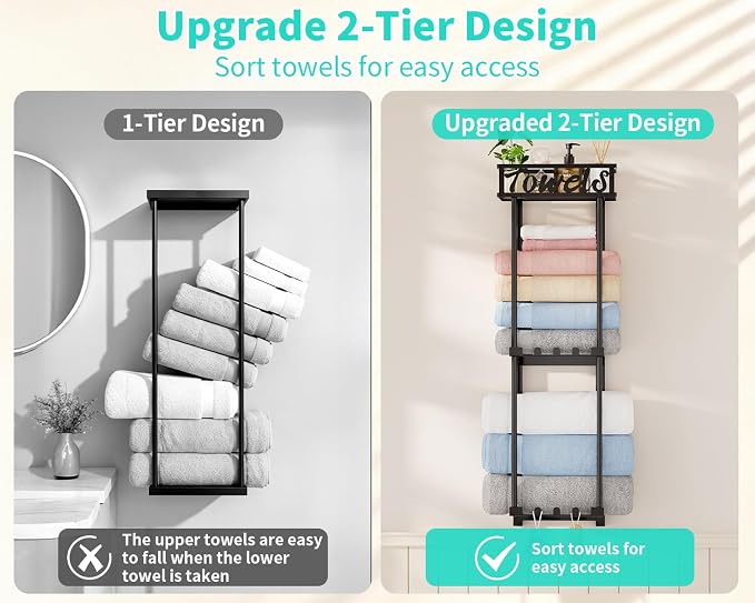 HapiRm Towel Rack Bathroom Storage - 3 Tier Over The Door & Wall Mounted Rolled Towel Racks Holder Organizer with Metal Shelf and 6 Hooks for Small Bathroom, Camper, Rv - Black (for 1.77 in Doors)