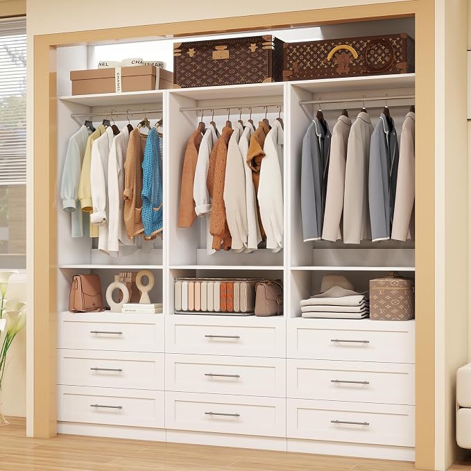 Dilando Closet System with 9 Drawers, 6FT-15FT Closet Organizer System Modular Custom Walk-in Closet Corner Small Freestanding Closets Storage Clothes Rack with 6 Hanging Rods White (6FT)