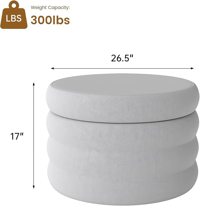 KROFEM 26.3" Wide Round Velvet Ottoman,Storage Foot Stool with Removable Top for Living Room,Dressing Room and Bedroom,Gray