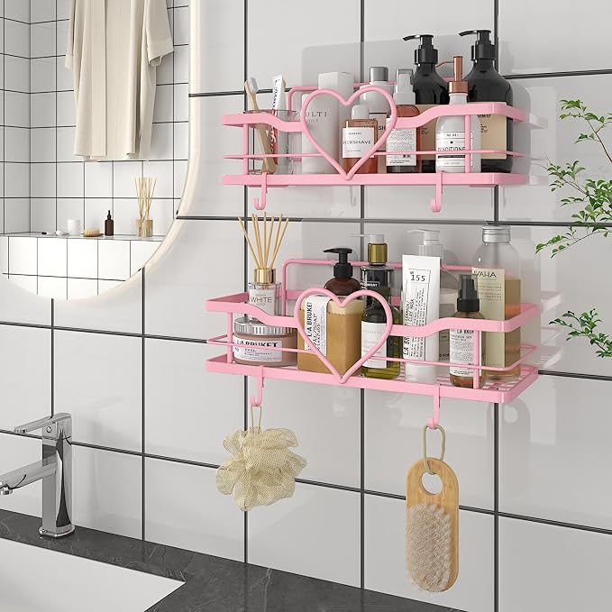 Pink Shower Caddy with 4 Removable Hooks, 2 Pack Sweet Heart Shower Shelves,No Drilling Adhesive Organizer Shelf for Bathroom Shower,Kitchen,Bedroom | Shower Shelf with 4 Removable Hooks,Holds 40 lbs,Rustproof Metal,For bathroom,kitchen,dorm,Cute Showe...