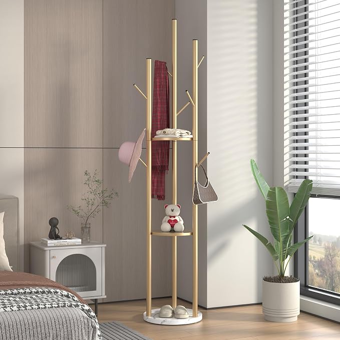 TIEOU Metal Coat Rack, Gold Coat Racks Freestanding with Shelves and Marble Base, Coat Tree with 9 Hooks for Scarves, Bags, Modern Coat Rack Stand for Entryway, Living Room, Bedroom, Easy Assembly
