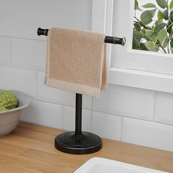 RUMOSE Oil Rubbed Bronze Hand Towel Holder Stand Countertop Towel Rack | 13 Inch Bathroom Kitchen Vanity T-Shape Towel Stand Free Standing Stainless Steel Towel Bar Towel Ring
