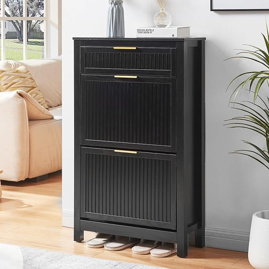 2-Flip Drawer Shoe Cabinet Narrow Entryway Rack, Black | Vertical Wood Grain, Metal Handles, Adjustable Compartments, Removable Shelf, Anti-Tip Device, for Hallway Foyer Entryway