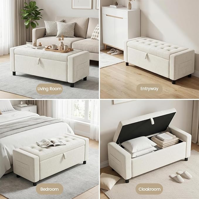Amada 46" Ottoman with Storage, Side Pocket, Safety Hinge, Beige | 30 gallon (112 liter) hidden storage, holds 400 lbs, 0.35" thicker wood panels, 3.14" thick foam, for end of bed, living room