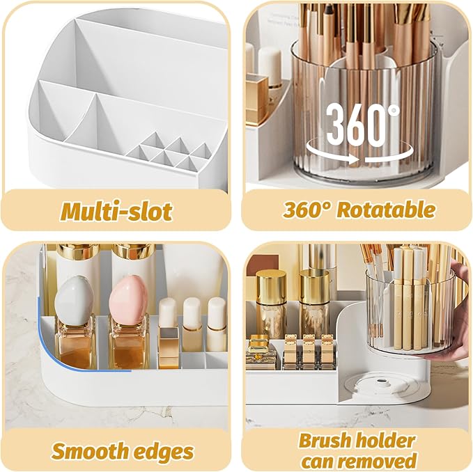DASITON Large Capacity Makeup Organizer with 360° Rotating Makeup Brush Holder, Perfume and Skincare Storage Organizers for Vanity Bathroom Countertop, Cosmetic Display Case (White, 1 Tier)