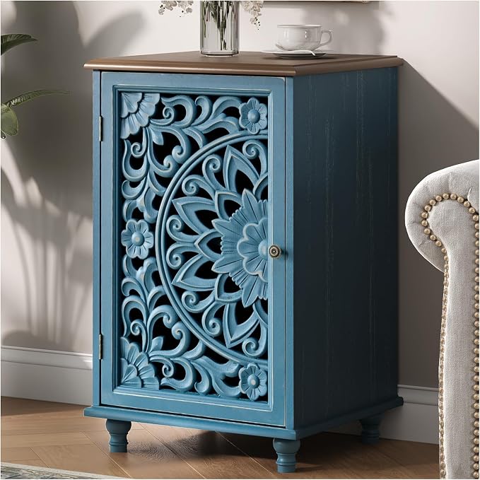 JOINICE Small Accent Cabinet with Hand-Carved Door for Living Room/Bedroom | Hand-Carved Floral Design, Farmhouse/Rustic Style, Space-Saving, Sofa Table, Solid Wood Legs, Adjustable Shelf, Easy Assembly
