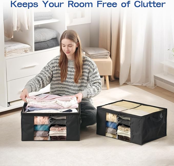 Clothes Storage Bags, Foldable Thick Fabric Blanket Storage Bags, Large Clear Window & Carry Handles, Great for Clothes, Blankets, Closets, Pillows (Black, 6PACK)