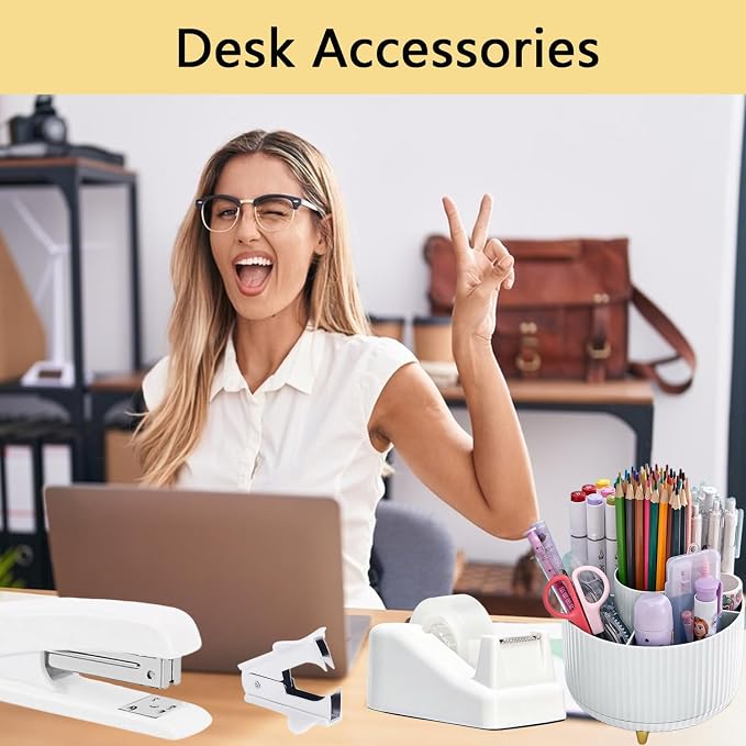 Office Supplies,White Desk Accessories,Office Supplies Set,Desk Organizer,Stapler,Tape Dispenser,Scissors,Staple Remover,Binder Clips,Staples,Ballpoint Pen,Index Tabs with Ruler,Clear Tape.10pcs