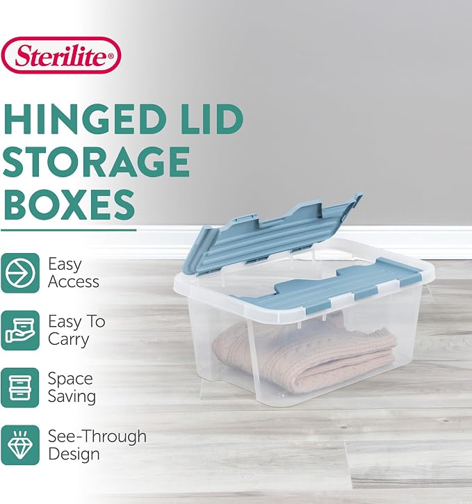 Sterilite 18 Pack Hinged Lid Storage Box, 20 Qt Plastic Container, Washed Blue - Home Organizer Tote for Storing Shoes, Crafts, Clothing, or Decor