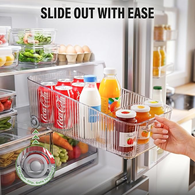 Pull Out Fridge Organizer Bins with Wheels, 8 Dividers, 2-Pack | Clear PET storage bins with handles, rear wheels and adjustable dividers for refrigerator, pantry and cabinet shelves