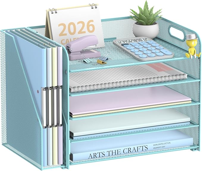 5-Tier Desk Organizer with File Holder, Paper Organizer for Desk, Blue | 5 Letter Trays and Vertical File Holder with Metal Mesh Frame for Papers Folders Books and Mail in Office Home or School