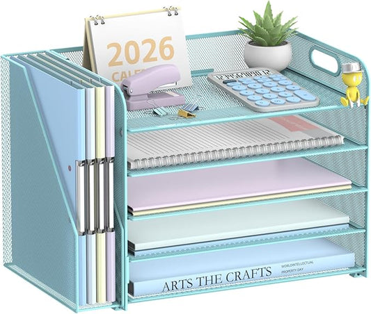 5-Tier Desk Organizer with File Holder, Paper Organizer for Desk, Blue | 5 Letter Trays and Vertical File Holder with Metal Mesh Frame for Papers Folders Books and Mail in Office Home or School