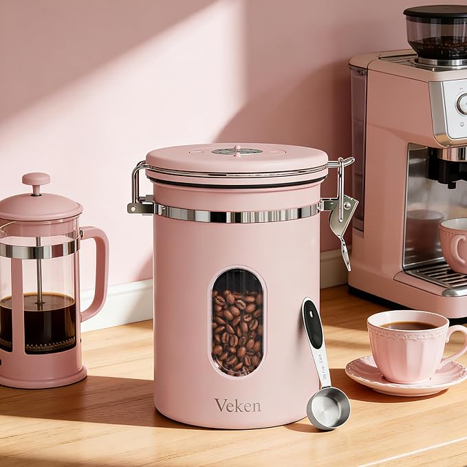 Veken Coffee Canister with Window, Airtight Stainless Steel Container, 22OZ | Date Tracker,Kitchen Food Storage Organizers for Beans, Ground, Espresso, Rice,Tea, Sugar,Cereal, Gifts,Lids,Jars,Scoop, Pink