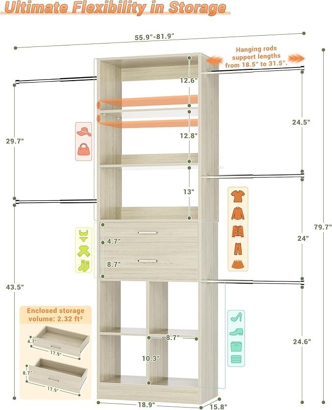 Small Closet System, 3.2-6.8FT Small Closet Organizer with 2 Wooden Drawers & 5 Hanging Rods, Can Fit 37.5 to 81.9 inch Walk-in Closet System, Built-in, Greige Oak, Enclosed Storage Volume 2.32 ft³