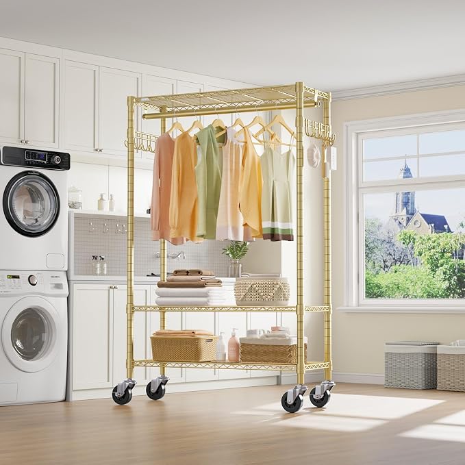 VIPEK R3 Portable Closet for Hanging Clothes Rolling Clothes Rack | Lockable Silent Wheels, Adjustable Wire Shelving, Metal Side Hooks, Load 374lbs, Space-Saving Storage for Apartment, Gold