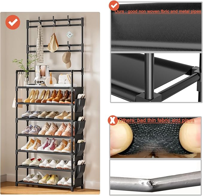 Shoe Rack 7 Tier Shoe Organizer Storage 21-28 Pairs | Closet Shoes Rack for Front Door Entrance Shoe Rack Organizer with Hooks Side Pocket Entryway Large Capacity Shoe Shelf Tower
