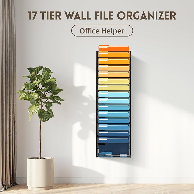 17-Tier Hanging Wall File Organizer with Hooks for Office Organization | Mesh Wall File Holder, Mail Organizer Wall Mounted for Papers, Documents, Folders and Magazines in Home Office, Classroom