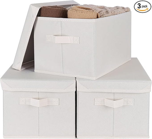 WUIKE 3 Pack Large Fabric Storage Baskets with Cover for Bedroom, Closet Storage Bins with Lids for Clothes, Towel, Blanket, Purse, Hats