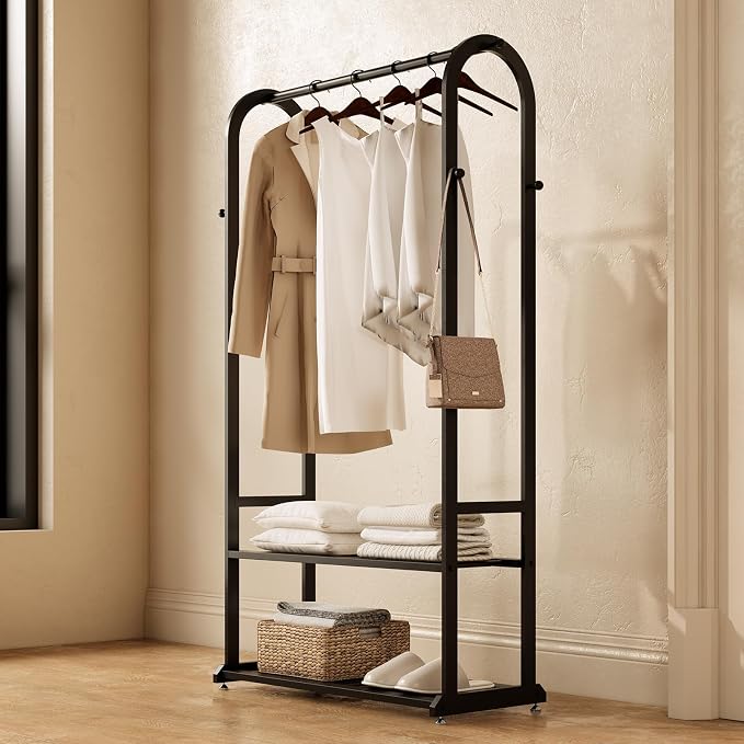 Sturdy metal clothes rack,Black freestanding clothing rack with bottom shelves and 6 side hooks,garment rack for hanging clothes,Wardrobe rack for Bedroom or cloakrooms