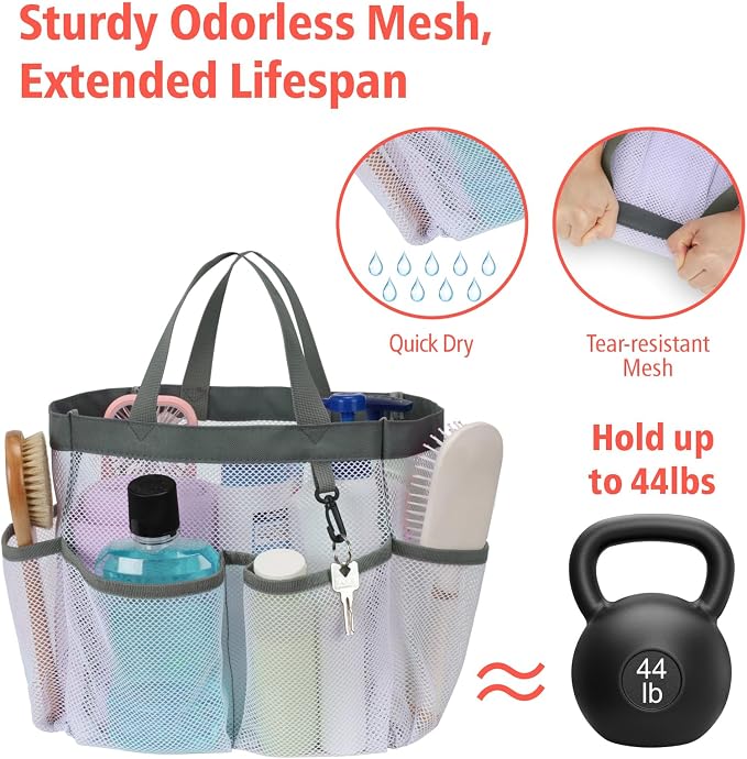 Mesh Shower Caddy Portable - 8 Pockets, S-Hook, Shower Bag for Dorm Camping | 2-Handle, Quick-Dry, Hanging Toiletry Organizer, College Dorm Room Essentials for Girls, Gym, Travel & Bathroom, White