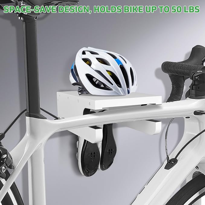 Wooden Bike Wall Mount Rack with Shelf and Hooks, Bike Hanger Wall Mount | Wood Wall Mount Bike Hangers for Garage, Space-Saving Indoor Bike Wall Mount Horizontal Storage Rack for Single Road Bicycle