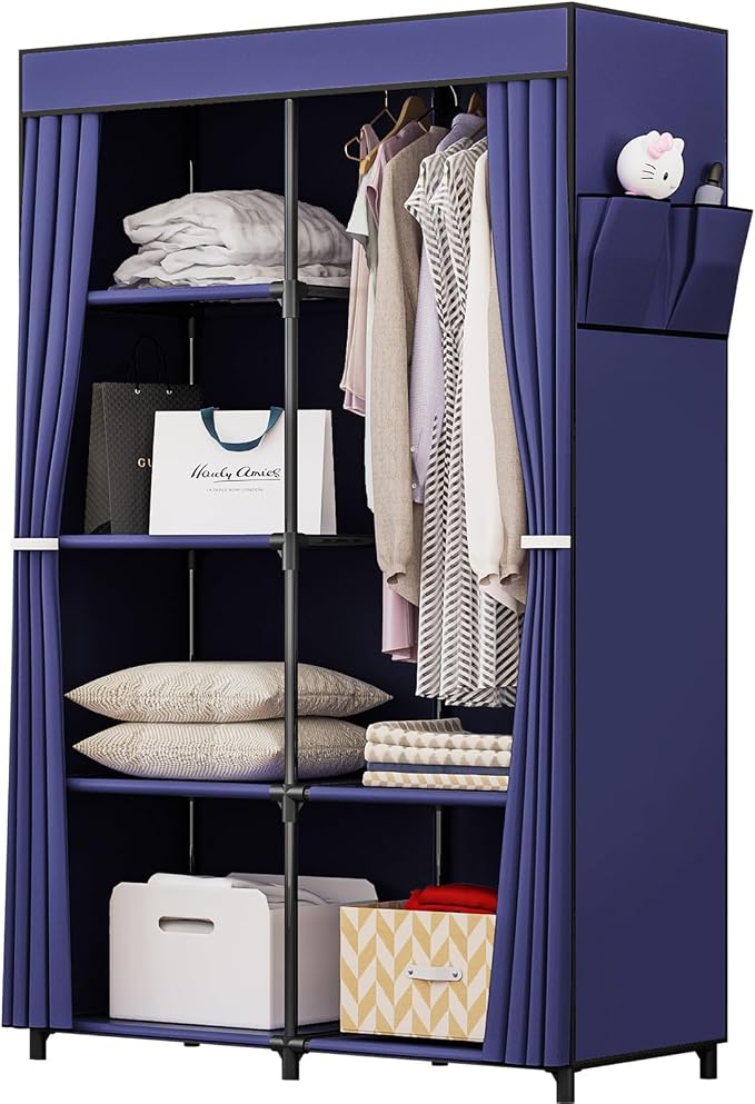 SORCEDAS Portable Closet Wardrobe Organizer Storage with Cover Non-Woben Fabric Portable Wardrobe Closet for Hanging Clothes Racks Shelving 33 Inch for Bedroom, Blue (Blue, 33Inch)
