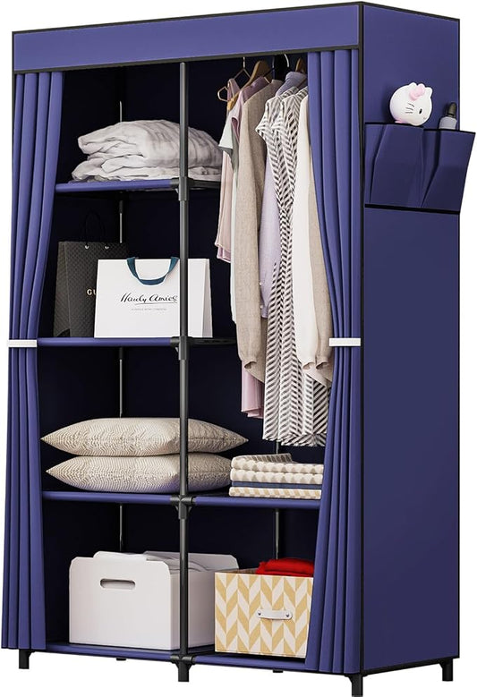 SORCEDAS Portable Closet Wardrobe Organizer Storage with Cover Non-Woben Fabric Portable Wardrobe Closet for Hanging Clothes Racks Shelving 33 Inch for Bedroom, Blue (Blue, 33Inch)