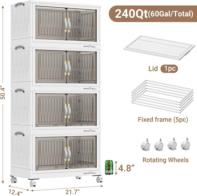 BROVIEW 240 Qt Stackable Storage Bins with Lid, Plastic Closet Organizers and Storage Drawer, Collapsible Storage Box with Wheels, Folding Storage Cabinet for Closet Clothes Organization, 4Pack White