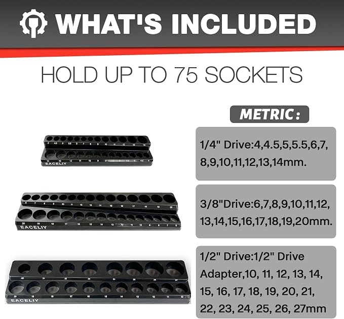 EACELIY Magnetic Socket Organizer Set,Metric Socket Holder Kit, Socket Trays，holds 75 Deep and Shallow 3/8" Sockets(sockets not included) 丨3Pcs 1/2", 1/4" and 3/8" （Black）