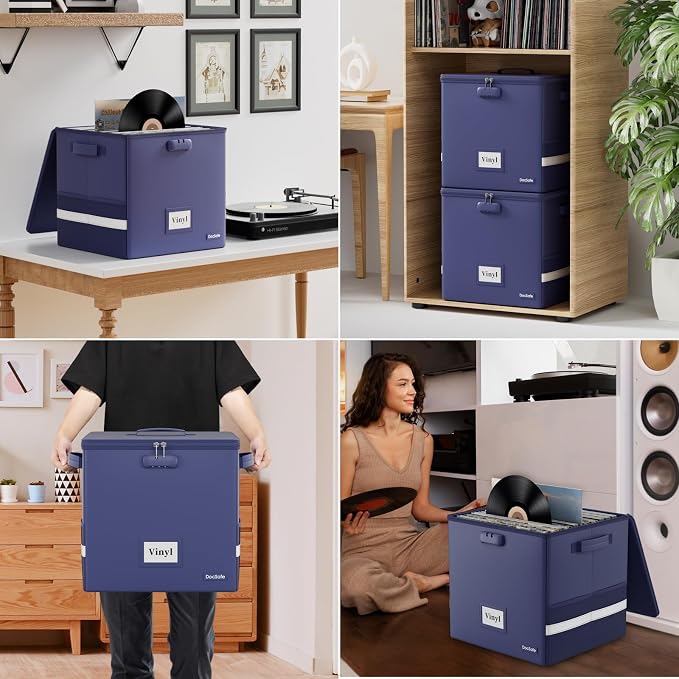 DocSafe Vinyl Record Storage Box with Lock, Fireproof＆Water Resistant Record Organizer for 100+ Single Records(12-inch), Collapsible Storage Crate with Lid&Handles for Valuable Album Collection, Blue