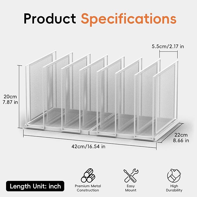 File Organizer For Desk, 7 Section Metal Desktop File Sorter, White | Desk file organizer, connectable 7 section design, 2.17 in spacing, vertical folder storage for home office and classroom