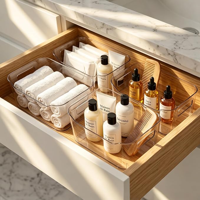 Hudgan 12 Pack Pantry Storage Bins for Kitchen Cabinet, Clear Plastic Organizer Bins for Bathroom, Pantry Organizer Containers for Home Edit, Drawer, Under Sink, Fridge